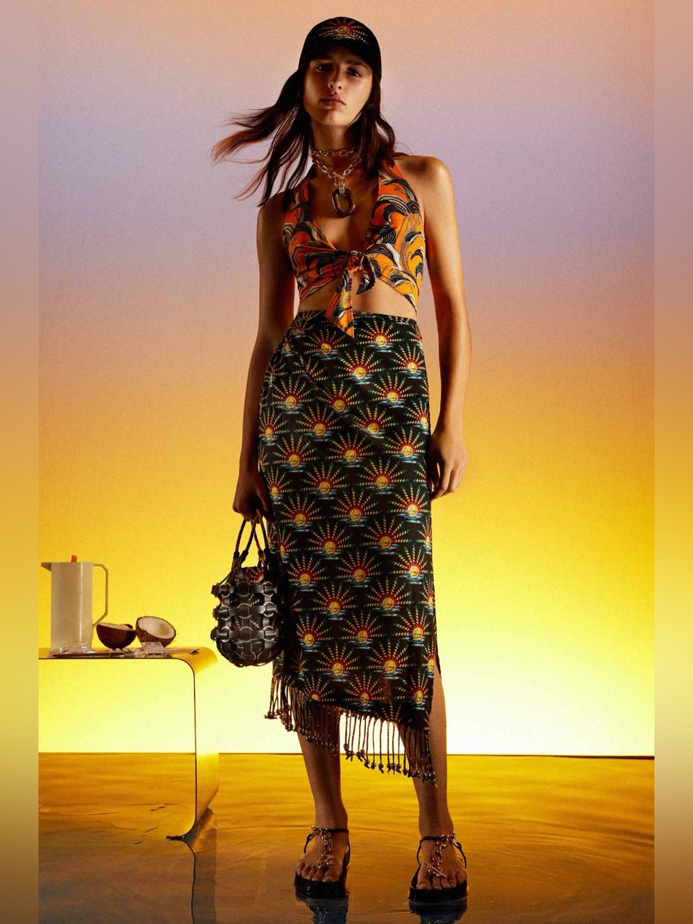 Paco Rabanne Black Beaded Fringe Midi Skirt with Radiant Sunburst Print Sz-34